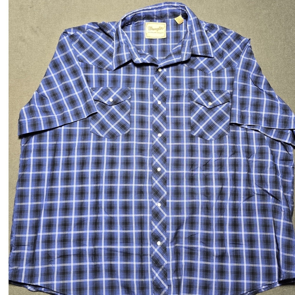 Wrangler Western Shirt‎ Mens 3XL Blue Plaid Short Sleeve Pearl Snap Cowboy
